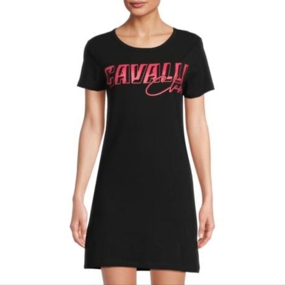 NWT Roberto Cavalli Black & Pink Graphic Logo T-Shirt Dress Mini Sz M